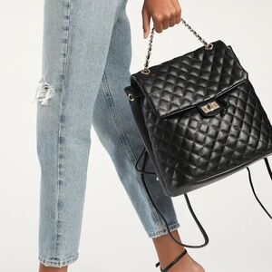 Women’s Quilted Classic Black Leather Backpack Bag w/ Gold Detail